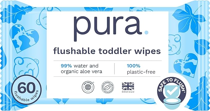 Pura Flushable Toddler Wipes 1 x 60 Wipes, 100% Plastic Free, 99% Water, Hypoallergenic & Fragrance Free, Totally Chlorine Free, Kids Toilet Wipes, Sensitive Skin