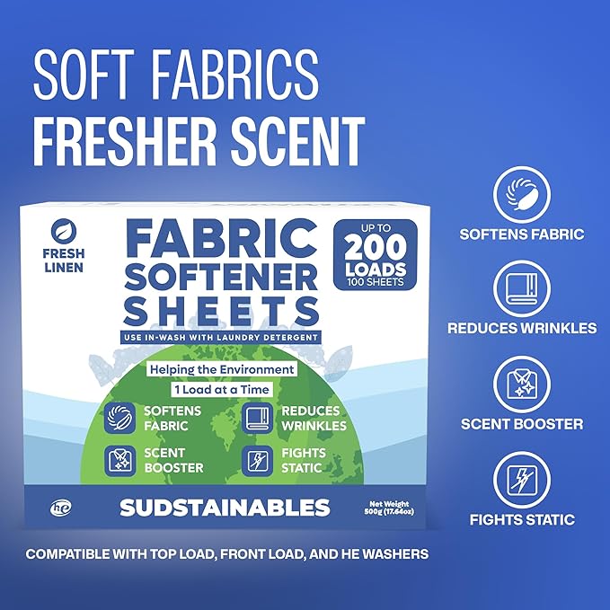 Fabric Softener Sheets for Washer – Eco-Friendly Laundry Softener Sheets for Washing Machines, Scented (200 loads)