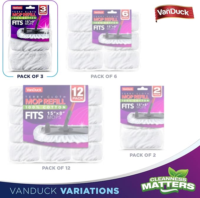 100% Cotton Terry Mop Pads 15x8 Inches 3-Pack, Terry Cloth Mop Covers (Handle is Not Included)