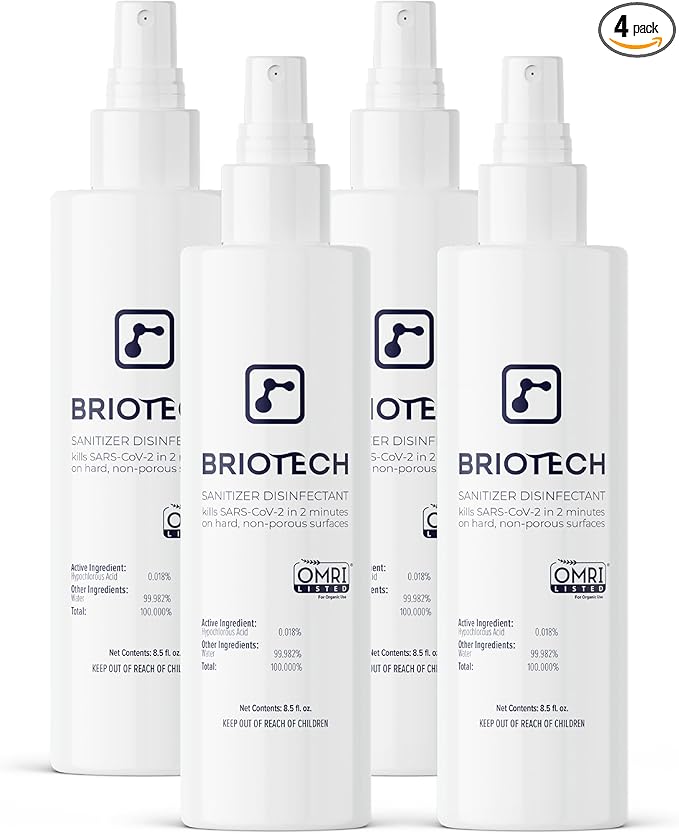 BRIOTECH Sanitizer Disinfectant Hypochlorous Spray, Kills 99.99% of Viruses & Bacteria, Eliminate Odor, Gentle for Nurseries & Play Rooms, Food Contact Surface Sanitizer, 8 fl oz ea, 4 ct