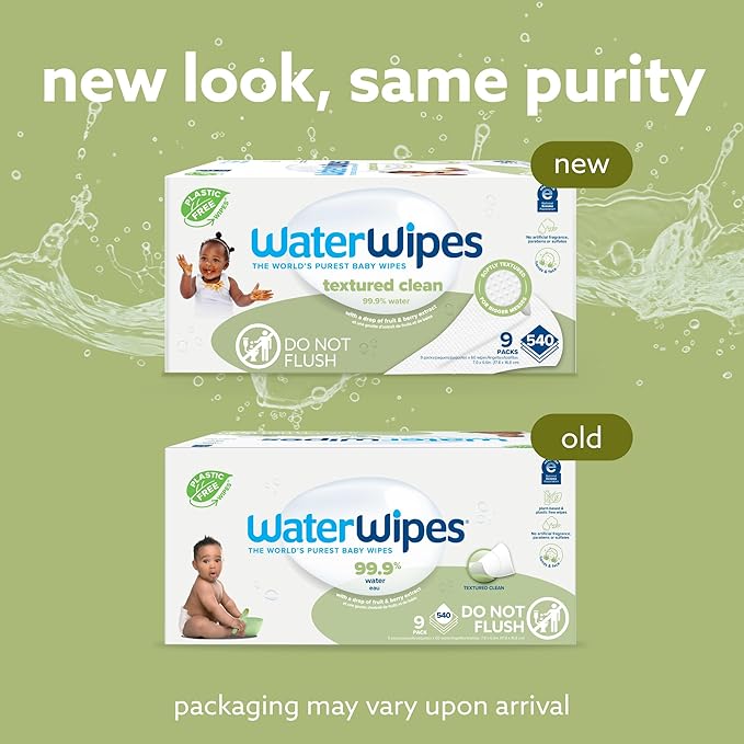 WaterWipes Plastic-Free Textured Clean, Toddler & Baby Wipes, 99.9% Water Based Wipes, Unscented & Hypoallergenic for Sensitive Skin, 540 Count (9 packs), Packaging May Vary