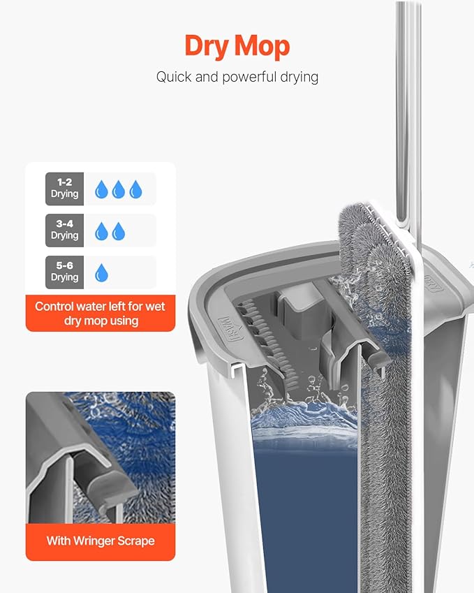 VEVOR Mop and Bucket with Wringer Set, Wet & Dry Use, Flat Mop and Bucket System with 3 Washable Microfiber Pads, Flat Mop with Stainless Steel Handle, Mop Bucket Set for Hardwood Tile Vinyl