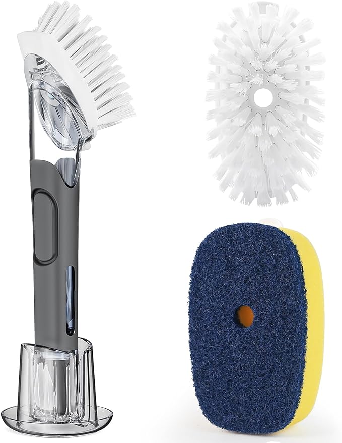 RIMAY Dish Brush with Soap Dispenser Storage Set with 2 PCS Brush Refills & Holder, Dish Scrubber with Soap Dispenser, Dish Soap Brush, Dish Wand with Soap Dispenser for Dishes, Pans, Sink, Pots