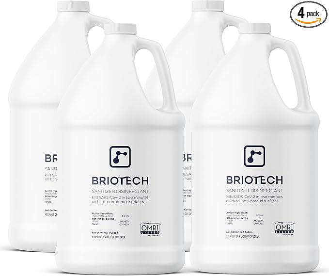 BRIOTECH Sanitizer Disinfectant Hypochlorous Spray, Kills 99.99% of Viruses & Bacteria, Eliminate Odor, Gentle for Nurseries & Play Rooms, Food Contact Surface Sanitizer, 1 Gallon Refill ea, 4 ct