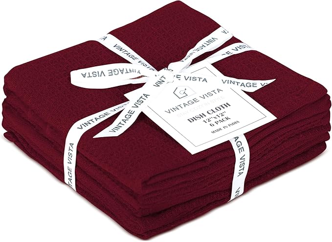 100% Cotton Waffle Dish Cloths (Pack of 6) - Dish Rags for Washing Dishes - Reusable & Highly Absorbent Kitchen Towels - Multipurpose Kitchen Rags - (12" x 12" - Maroon)
