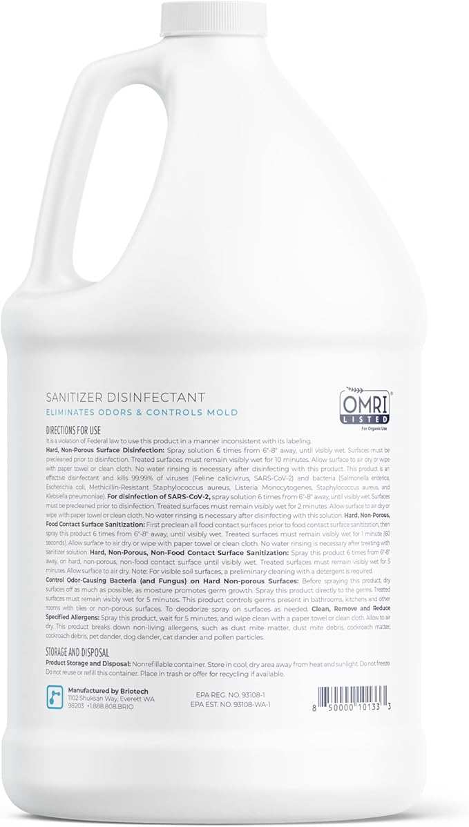 BRIOTECH Sanitizer Disinfectant Hypochlorous Spray, Kills 99.99% of Viruses & Bacteria, Eliminate Odor, Gentle for Nurseries & Play Rooms, Rinse Free Food Contact Surface Sanitizer, 1 Gal Refill