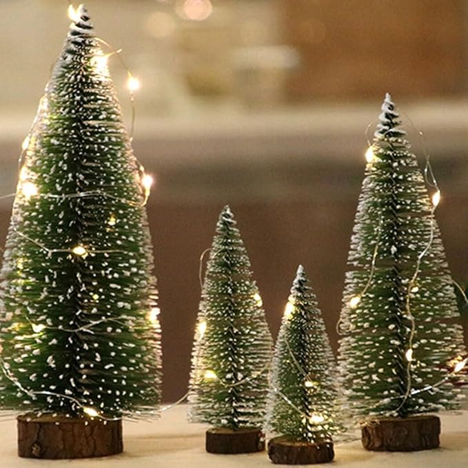 7PCS Small Christmas Trees, Bottle Brush Christmas Trees Mini Sisal Snow Frost Trees Pine Trees with Wood Base Tabletop Mini Christmas Village Tree for Holiday Decorations