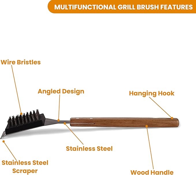 Grill Brush and Scraper for Barbecue with Replaceable Stainless Steel Bristles Head – Grill Brush for Outdoor Grill with Extended 15” Large Wooden Handle -No Scratch on Grill