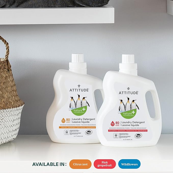 ATTITUDE Liquid Laundry Detergent, EWG Verified Laundry Soap, HE Compatible, Vegan and Plant Based Products, Cruelty-Free, Pink Grapefruit, 80 Loads, 67.6 Fl Oz
