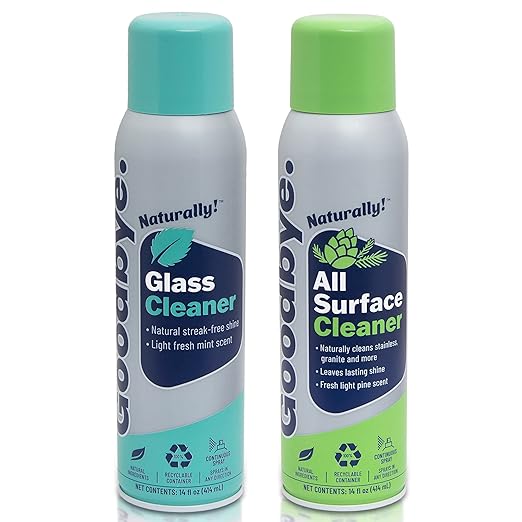 Glass Cleaner and All Surface Cleaner, Safe and Effective All Natural Cleaning Products, 14 oz Continuous Spray Cans, 2 Pack