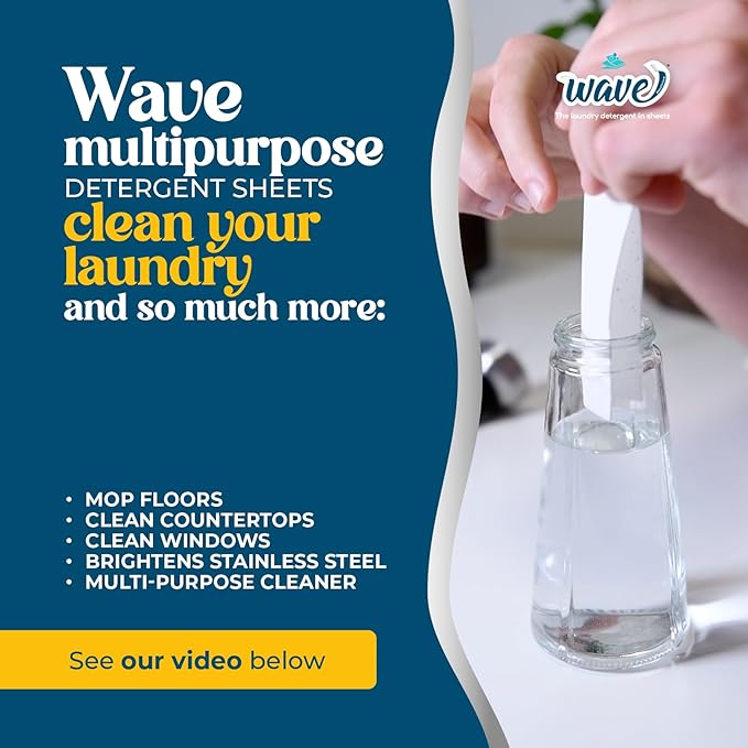 Wave Laundry Detergent Sheets - Unscented (64 Loads) - Dissolves Faster & Higher Cleaning Power Over Competitors - Multi-Purpose Laundry Cleaner - 100% Plastic Free