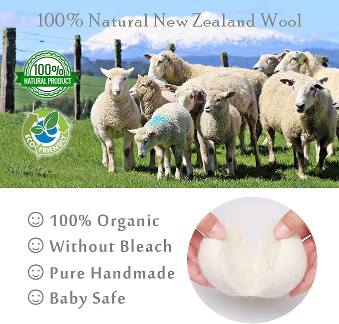 Wool Dryer Balls - 6 Pack XL, 100% Handmade Natural New Zealand Wool, Reusable Organic Fabric Softener, Reduce Wrinkles & Drying Time, Chemical Free Hypoallergenic Safe White