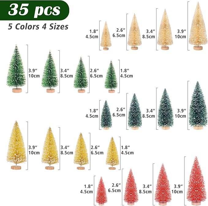 Christmas Decorations Mini Christmas Tree 35pcs,Mini Miniature Christmas Pine Tree Bottle Brush Trees Wooden Bases Tree for Your Village Desktop Xmas Holiday Party (Pink,Yellow,Blue,Green,Beige)