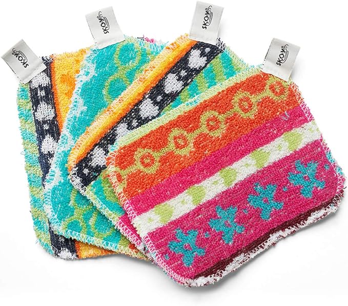 Skoy Scrub, 4-Pack Reusable, Non-Scratching Dish Scrubber for Kitchen and Household Cleaning, Planet-Friendly, Dishwasher Safe Soft Scrub, Assorted Colors and Designs