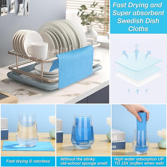 Lucomb 11 Pack Swedish Dish Cloths for Kitchen, Highly Absorbent Reusable Dishcloth Towels Cellulose Sponge Kitchen Rags for Drying Dishes Wiping Surfaces, Dishwasher Safe