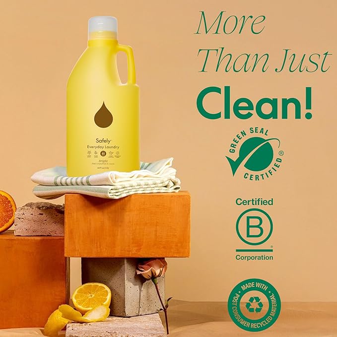 Safely Everyday Laundry Detergent Liquid Soap,Bright 1 Pack–Plant Powered,Natural & Highly Concentrated-Fight Stains & Wash Away Dirt, Impurities While Preserving Colors, Gentle On Skin, 64 fl oz
