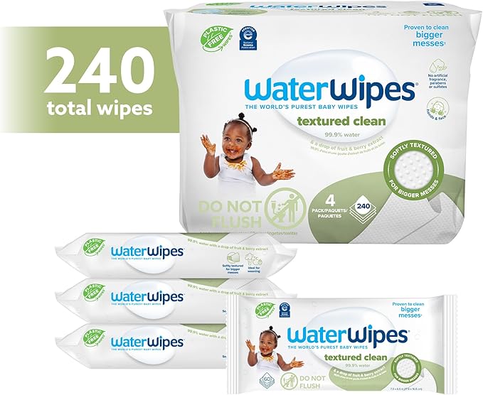 WaterWipes Plastic-Free Textured Clean, Toddler & Baby Wipes, 99.9% Water Based Wipes, Unscented & Hypoallergenic for Sensitive Skin, 60 Count (Pack of 4), Packaging May Vary