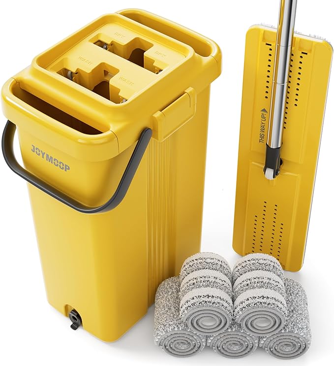 JOYMOOP Heavy Duty Commercial Mops for Floor Cleaning, Wet Dry Mop and Bucket Set with Large Capacity Yellow Bucket, Includes 5 Reusable 17-Inch Microfiber Pads