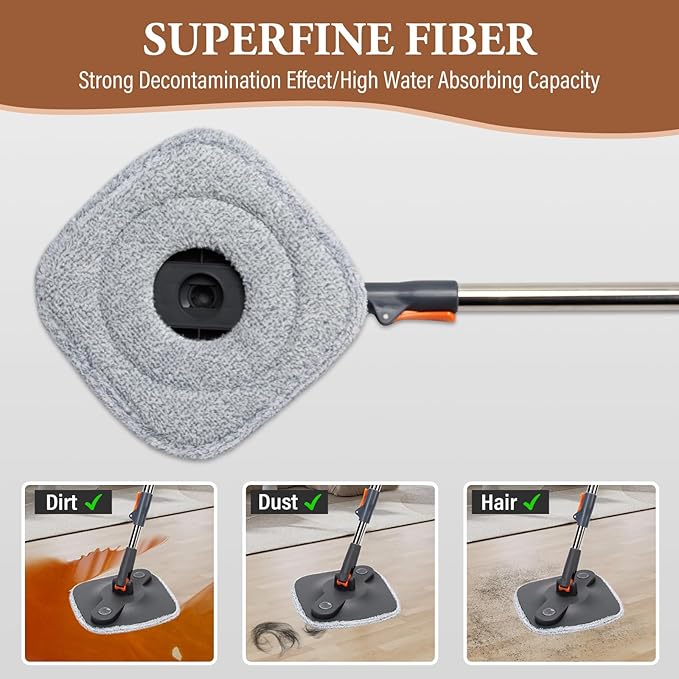 Spin Mop and Bucket Set with Self Separation Dirty and Clean Water System,Self Wringing 360° Rotating Square Clean Mop and Bucket with Wringer,Home Floor Tile Cleaning(3 Thick Mop Pads)(Black)