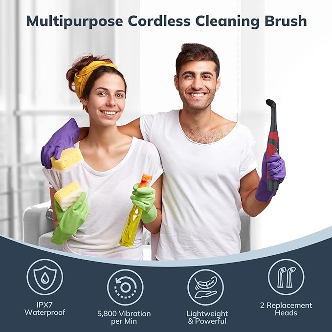 LifeBasis Power Scrubber, Cordless Electric Cleaning Brush Battery Powered Scrub Brush, Water Resistant, Small Electric Grout Brush for Home/Kitchen/Bathroom/Grout/Tile/Shower/Tub, Red