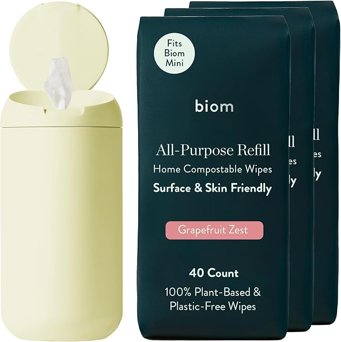 Mini Dispenser + All-Purpose Wipes Starter Kit - Non-Toxic Grapefruit Scented Everything Cleaning Wipes | Biodegradable Plant-Based Surface Cleaner | All Natural Kid & Pet Friendly (Citrine)