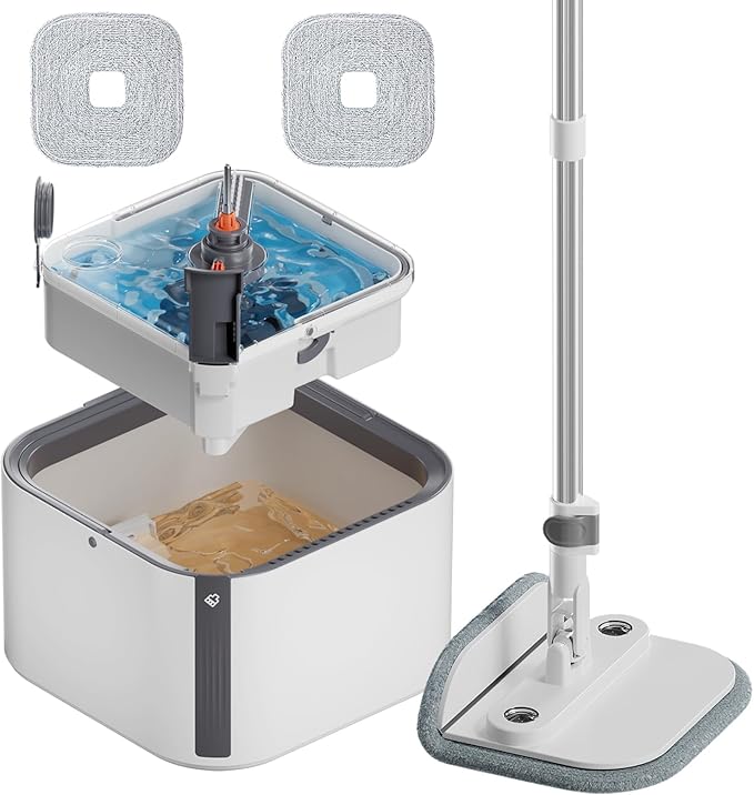 KZKR Spin Mop and Bucket Set with Self Separation Dirty and Clean Water System, Self Wringing 360° Rotating Square Mop Head for Home Floors Cleaning (2.0 Mop and Bucket Set (2 Pads) Ship by Amazon)