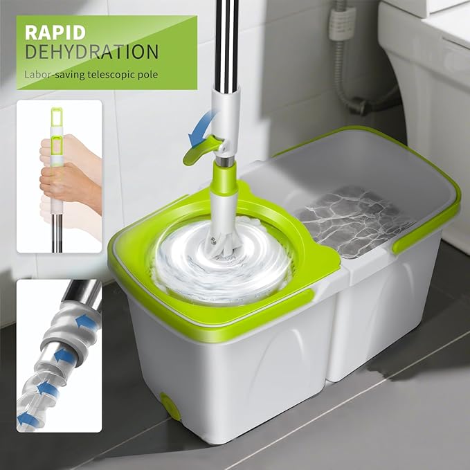 Masthome Small Spin Mop,Mop and Bucket Set,Microfiber Spin Mops with Bucket Detachable |Easy to Store|Adjustable Stainless Handle|3 Microfiber Heads|Mop and Bucket with Wringer Set for Home