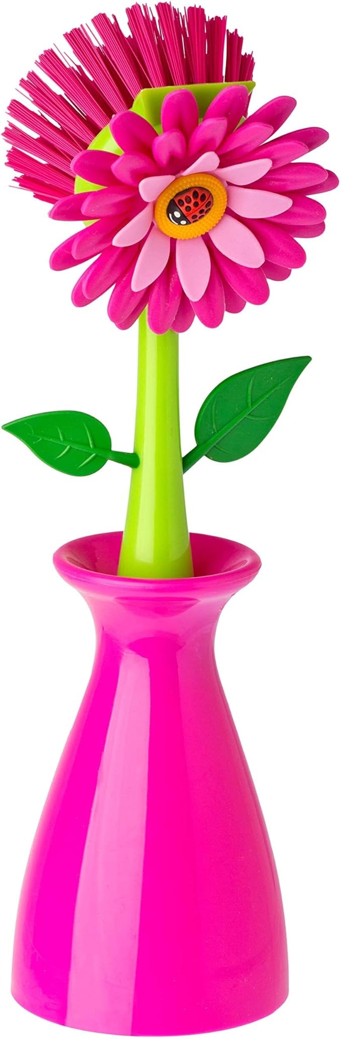Vigar Flower Power Pink Dish Brush with Vase, 10-Inches, Pink, Green