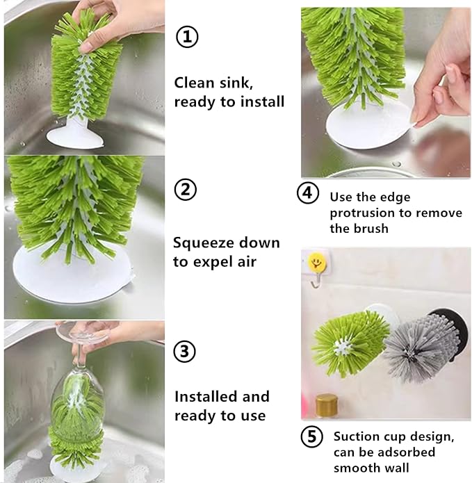 1PCS Glass Cleaning Brush with Suction Cup, Kitchen Bottle and Wine Cup Cleaner, Stable Washing for Cups, Mugs, Decanters and Jugs, Green
