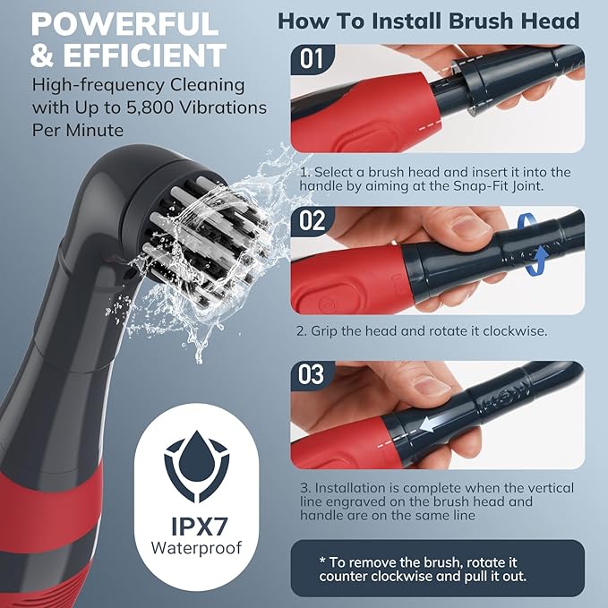 LifeBasis Power Scrubber, Cordless Electric Cleaning Brush Battery Powered Scrub Brush, Water Resistant, Small Electric Grout Brush for Home/Kitchen/Bathroom/Grout/Tile/Shower/Tub, Red