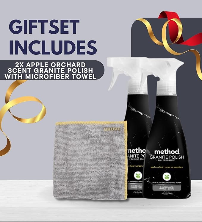 Method Apple Orchard Scent Granite Polish Spray 14 oz Bundle with Microfiber Cloth - Granite Countertop Cleaner - Plant-Based Marble & Quartz Cleaner for Shiny Surfaces - (3 Items)