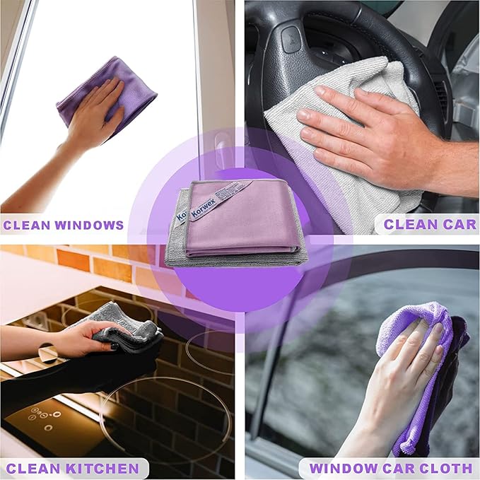 Longmann Window Cleaning Cloth, Glass Cloth, Cleaning Cloth, Streaks Schatches Free (Purple 2 Pack, Grey 2 Pack)
