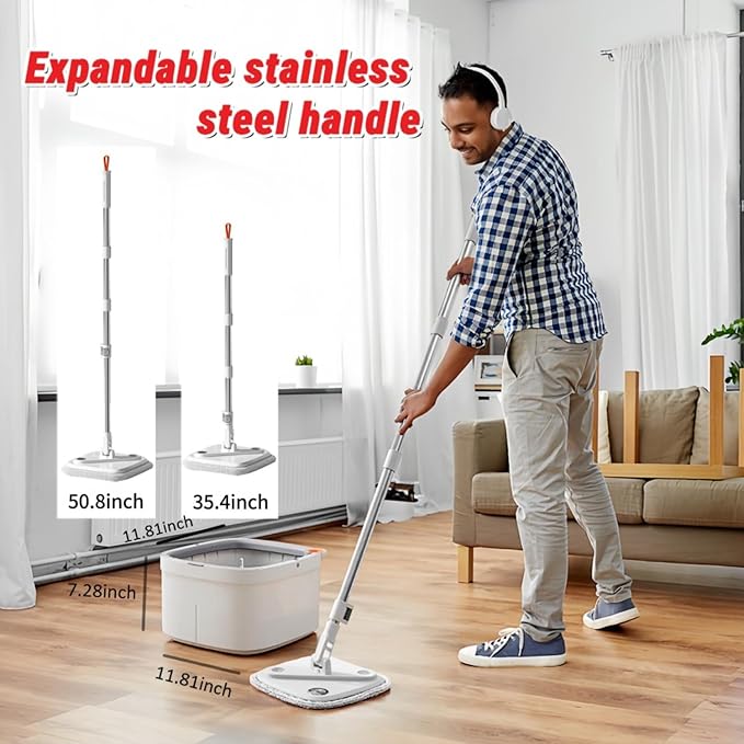 Spin Mop and Bucket Set with Self Separation System 360° Spinning Self-Wringing, Square Clean Mop and Bucket with Wringer-with Replaceable Mop (Light Grey Mop and Bucket Set 10pads)