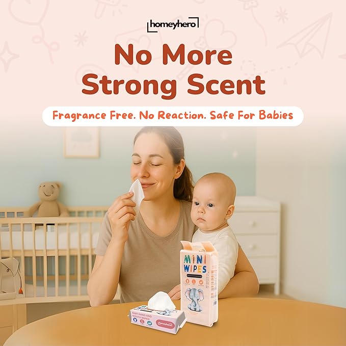 Mini Wet Wipes - Alcohol & Fragrance Free, Safe for Babies & Kids - 8 Bags Total 64 Wipes (Sunset Elephant)