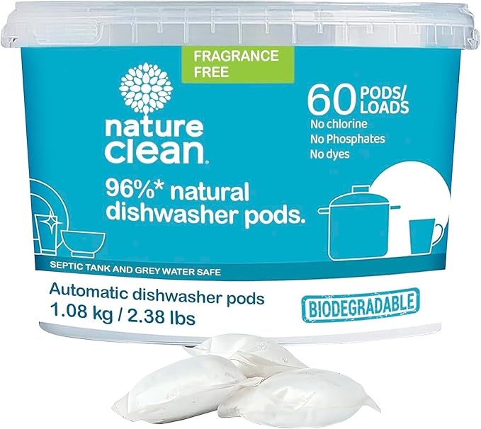 Nature Clean All Natural Dishwasher Pods, Plant-Based Non Toxic Dishwasher Detergent Pods, Dishwashing Pods Tough on Grease, Dish Pods for Dishwasher, Unscented Dishwasher Pods, 60 Count, Pack of 1