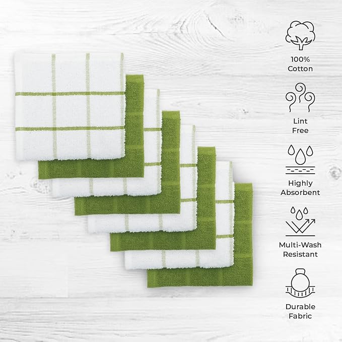 100% Cotton Dish Cloth for Dish Washing, Terry Dish Cloth, Cotton Dish Rags, 8 Pack, Super Soft and Absorbent,12"x12" inches, Reusable Cleaning Cloth, Green Dish Cloth (Solid and Checks)