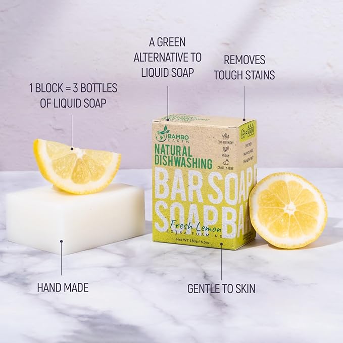 Natural Non-Toxic Dish Washing Block Soap - Dyes And Fragrance Free - Vegan Cruelty-Free Eco-Friendly And Zero Waste Dishwashing Handmade Solid Bar Soaps Detergent & Biodegradable (Lemon Pack Of 1)