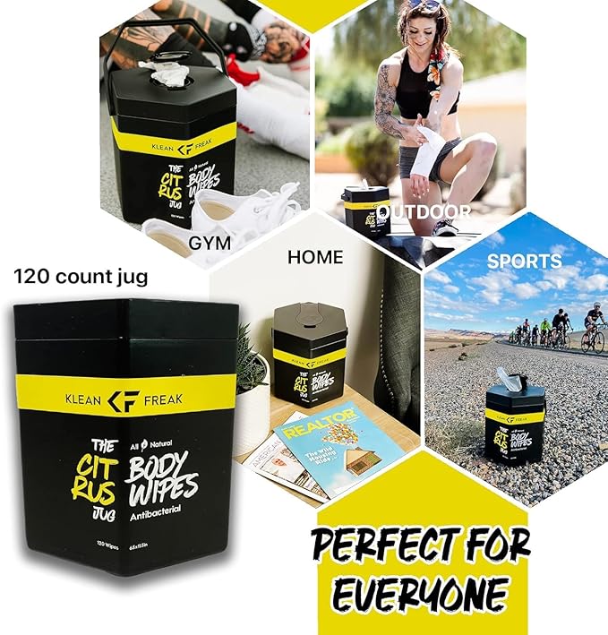 Body Wipes - for Face and Body, No Water, Wipe Away Sweat and Odor, Large Textured, Travel, Gym, Camping and More, 120 Cnt Jug (Citrus)
