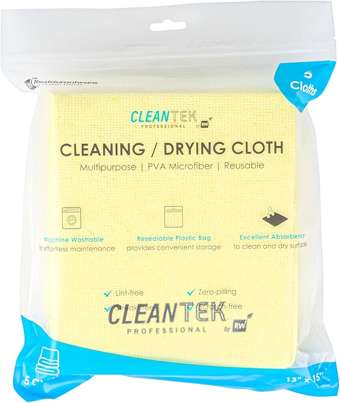 Clean Tek Professional 13 x 15 Inch Cleaning Cloths, 5 Reusable Cloth Towels - Machine Washable, Absorbent, Yellow PVA Microfiber Cleaning Rags, Fast Drying, For Windows Or Cars - Restaurantware