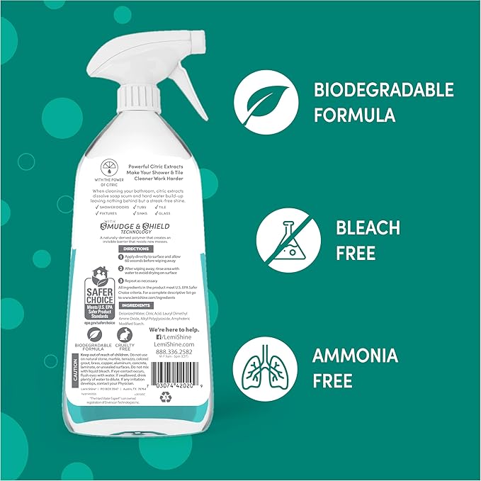 Lemi Shine Shower + Tile Cleaner | Removes Soap Scum & Hard Water Stains | Bathroom Cleaner Spray for Tub, Shower, Sink, and Tile Cleaning | Powered By Citric Acid | Fresh Lemon Scent, 28 oz. (3 Pack)
