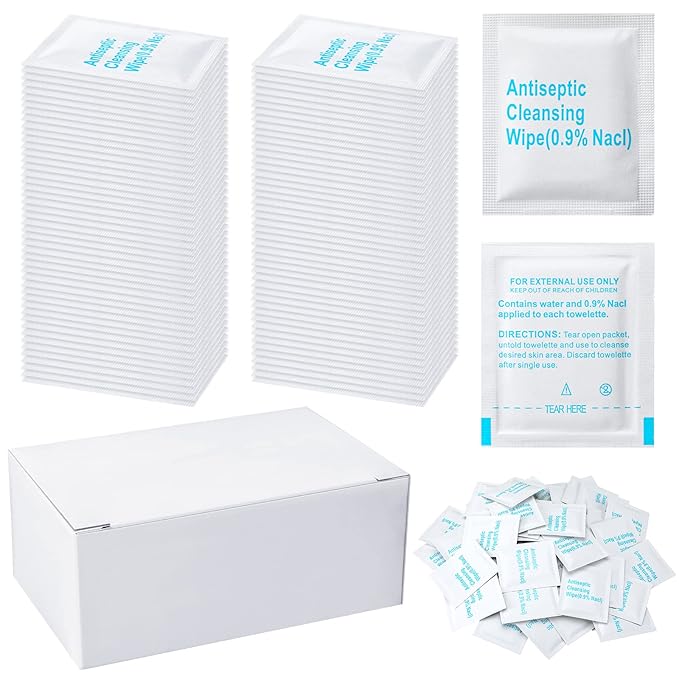 Treela 150 Pcs Sterile Saline Wipes Antiseptic Cleansing Individually Wrapped Travel Wet Wipes Unscented Cleansing Face Eye Wound Aftercare Swabs for Adult Travel Individual Packet