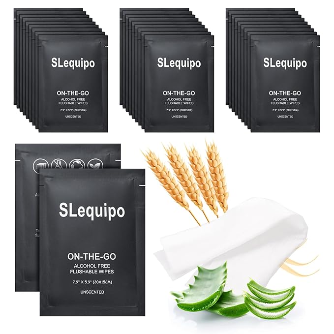 100 Pcs Flushable Wet Wipes, Aloe Vera for Butt, Hands, Face Cleaning, Sufficient Quantity, Individual Wrapped, Portable Size, Ideal for Daily Use, Plant Based, Black