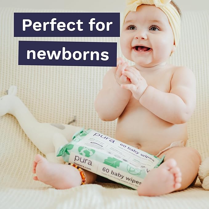 Pura Natural Sensitive Baby Wipes, 99% Water, Unscented & Hypoallergenic, Suitable for Sensitive & Eczema-prone Skin, Fragrance Free & Hypoallergenic, EWG Verified, 1 Pack of 60 Wet Wipes