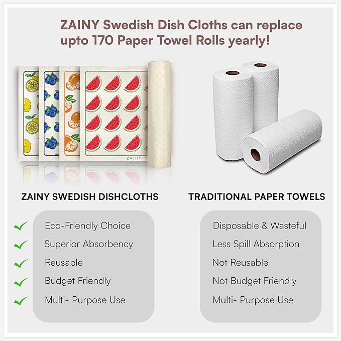 ZAINY 10 Swedish Dishcloths for Kitchen, Gifts for Mom and Mothers, Swedish Dish Cloths Reusable Paper Towels Washable, Cellulose Sponge Cloth & Cleaning Towel for Washing Dishes, Washcloths - Fruits