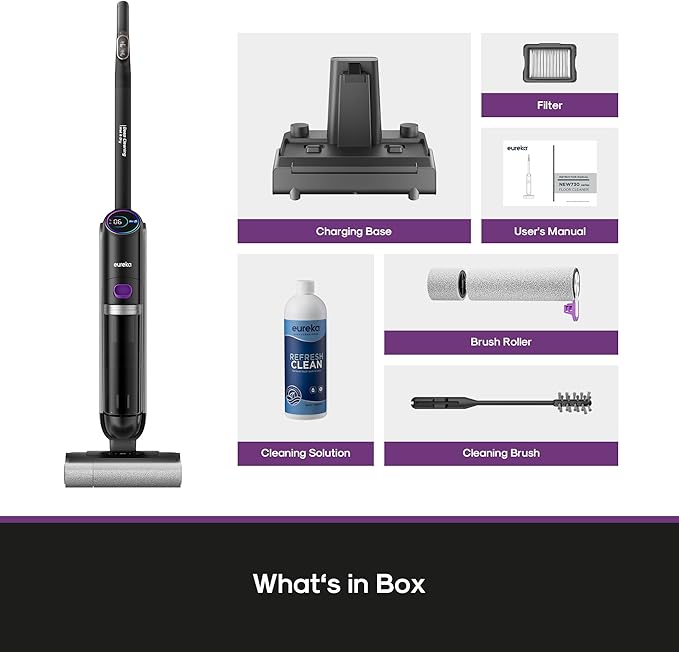 Eureka Cordless Wet Dry Vacuum Cleaner and Mop,170° Reclinable,185°F Hot Air Self-Cleaning Vacuum,Long Run Time,Great for Hard Floors Pet Hair Sticky Messes,RapidWash 730, Purple