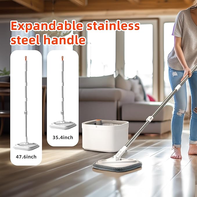 KZKR Spin Mop and Bucket Set with Self Separation Dirty and Clean Water System, Self Wringing 360° Rotating Square Mop Head for Home Floors Cleaning (1.0 Mop and Bucket Set (4 Pads))