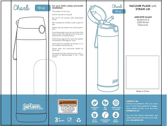 Jarlson® Charli Children's Stainless Steel Drinking Bottle with Straw - Thermos Flask 350 ml - TÜV Tested - BPA Free - Leak-Proof - Thermal Water Bottle for School, Nursery (Magenta)
