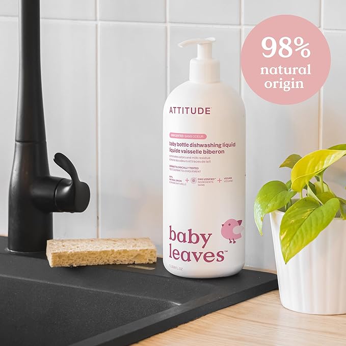 ATTITUDE Baby Dish Soap and Bottle Cleaner, EWG Verified Dishwashing Liquid, No Added Dyes or Fragrances, Tough on Milk Residue and Grease, Vegan, Unscented, 33.8 Fl Oz (Pack of 6)