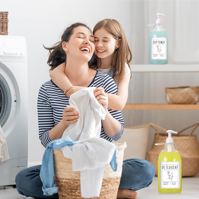 Sawysine 2 Pcs Laundry Soap Dispenser 64 oz Liquid Laundry Detergent Dispenser Plastic Laundry Detergent Container Fabric Softener Dispenser with Pumps Caps and 45 Laundry Labels