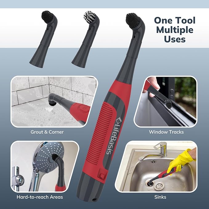 LifeBasis Power Scrubber, Cordless Electric Cleaning Brush Battery Powered Scrub Brush, Water Resistant, Small Electric Grout Brush for Home/Kitchen/Bathroom/Grout/Tile/Shower/Tub, Red